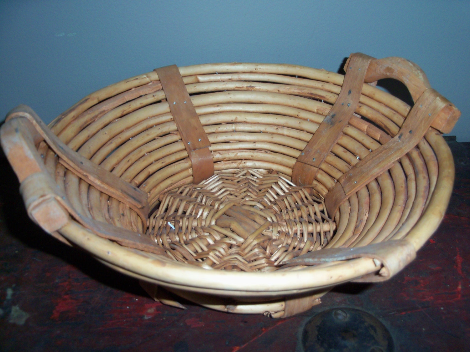 Vintage Handmade Wooden Round Basket with Handles