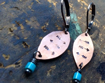 A New Leaf | SMALL Copper leaves | tiny turquoise | tiny handstamped arrows | hammered copper earrings | leaf earrings | hippie | boho