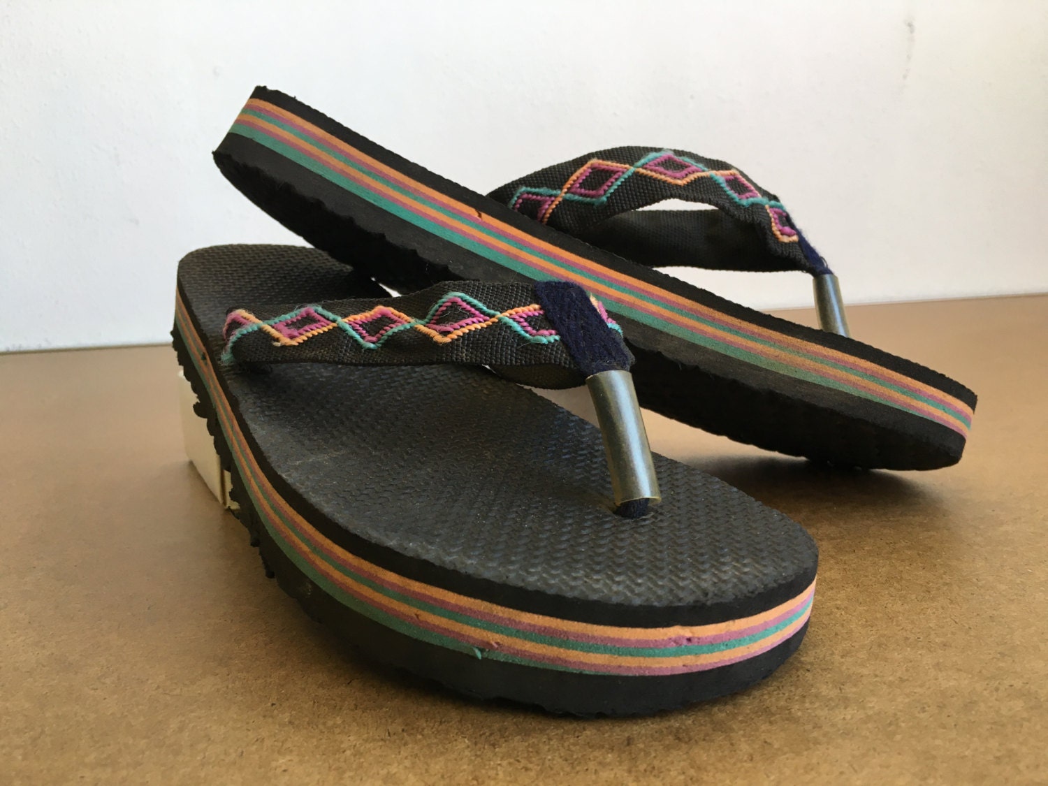 80's FLIP FLOPS Rainbow Thick Foam Sandals Thongs/ Rare
