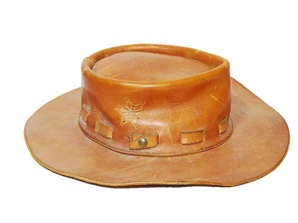 Tooled Leather Hat Cowboy Hat Vintage 70s Hat Tan Leather