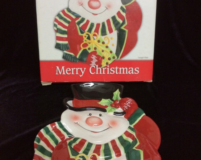 Fitz and Floyd Snowman Canape Cookie Plate Original Box, Christmas Decor