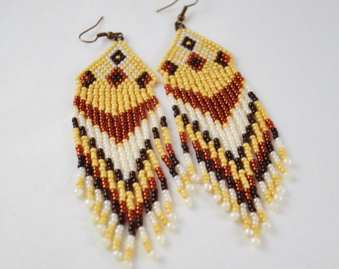 Beaded Earrings Native American Style Long Dangle Earrings Long Earrings With Fringe Fringe Dangle gift for her valentine Beige Earrings