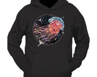 Jellyfish Art Hoodie - Surreal Art Hoodie - Wearable Art - Black Hoodie - "Gentle Jelly" design by Black Ink Art