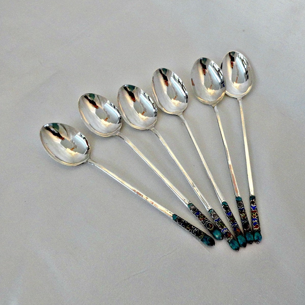 Sterling Silver Cloisonne Enamel Spoons Set Korea Vintage