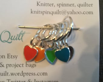 Snag-free knitting stitch markers -- set of five -- enameled heart charms