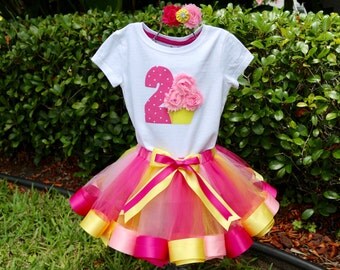 Two Year Old Birthday Girl Outfit-Onesie/Shirt w/ Polka Dot Age #, 3D Cupcake + Hot Pink, Yellow and Pink Tulle & Ribbon Trim Tutu, Headband