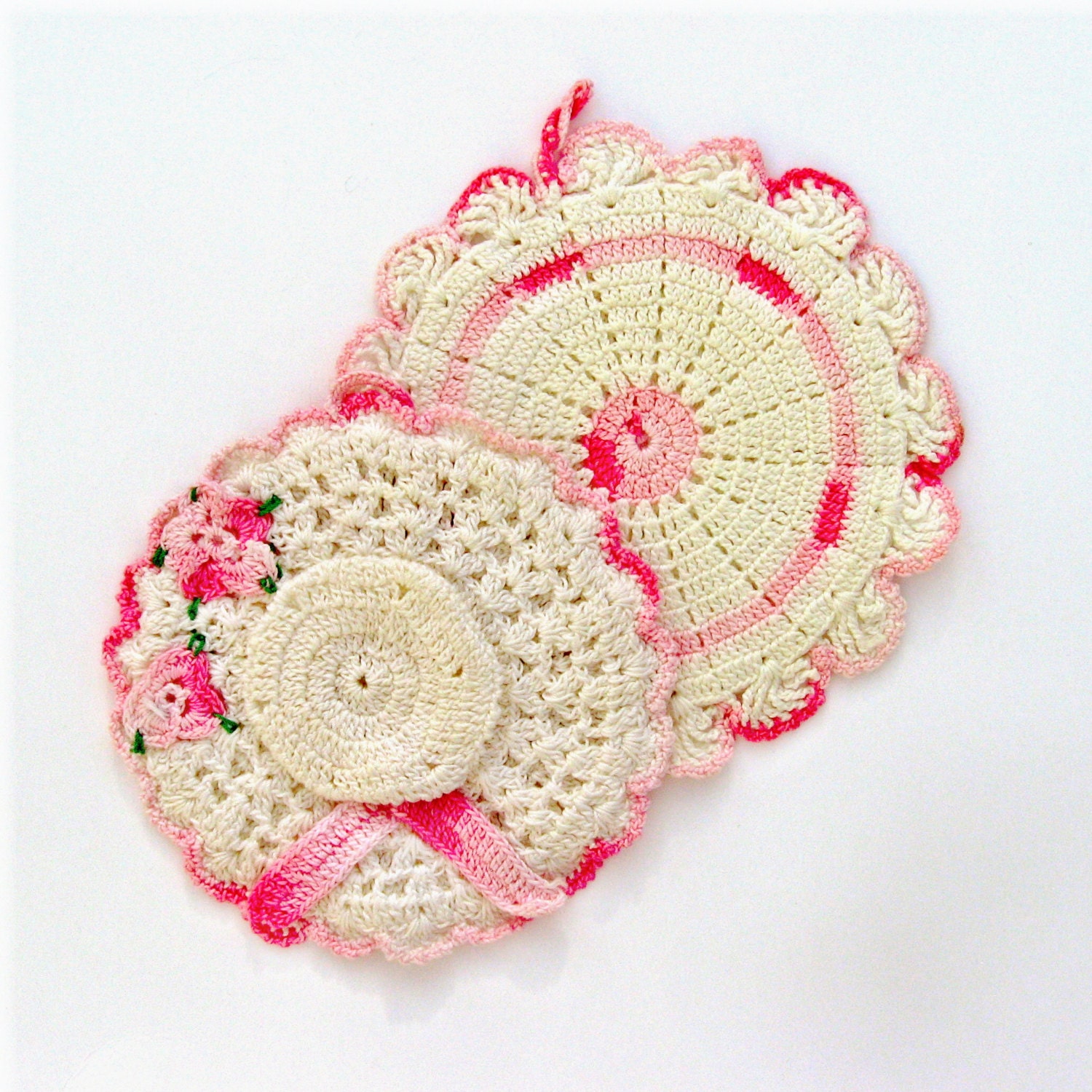 Vintage Pink Potholders Cottage Kitchen Decor Shabby Chic