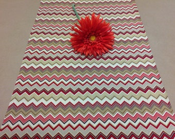 Handmade Tablerunner, 13W x 36L in Red/Brown/Tan Chevron, Zig Zag, Ready to Ship