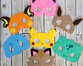 Poke inspired dress up and party favor masks. pika birthday, evee, meowth, pokemon birthday, pokemon party, pokemon birthday party