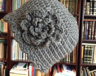 SALE Chemo Cap Crochet Gray Chemo Hat Cap Beanie, Womens Hat, with Flower, Ready to Ship