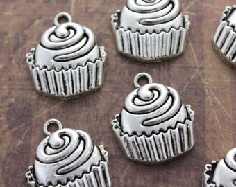 10 Cup Cake Charms Cup Cake Pendants Antiqued Silver Tone 20 x 20 mm