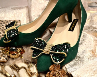 Custom Swarovski crystal Bottle emerald Green Velvet Suede bridal Wedding Bow Court Low heel shoe pump