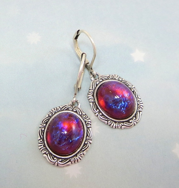 Blue earrings in silver settings - blue fire opal earrings silver