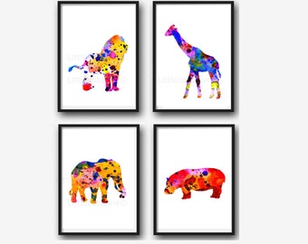 Zoo Safari Animal Colorful Watercolor Print Set of 4 Prints Watercolor Painting Animal Colorful Prints Nursery Wall Art Unframed Art Prints