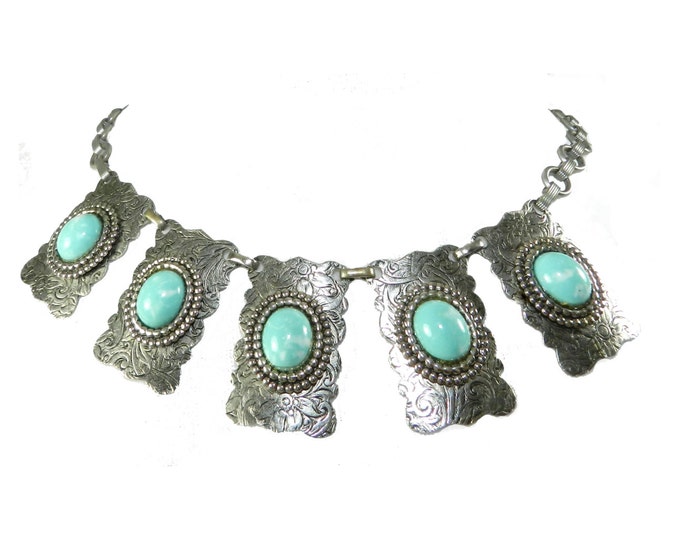 Antique Necklace Book Chain Necklace, Silver Plate Panels Engraved with Faux Turquoise Cabochons, vintage Jewelry Jewellry