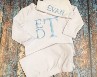 Bailey Boys Newborn Blue Stripe Gown - Little Brother - Teddy Bear