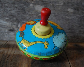 animals tin Toy Top Lithograph - Litho Spinner - midcentury