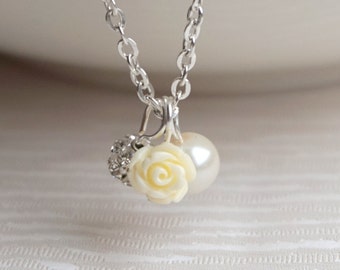 Ivory Bridesmaid Jewelry Flower Girl necklace Pearl necklace Ivory Rose necklace Rose and Pearl necklace Flower Girl jewelry Flower necklace