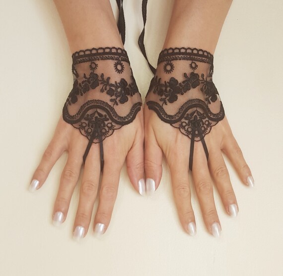 Black or ivory, light beige tulle lace glove embroidery bridal wedding fingerless burlesque body tattoo romantic bridesmaid glove 263