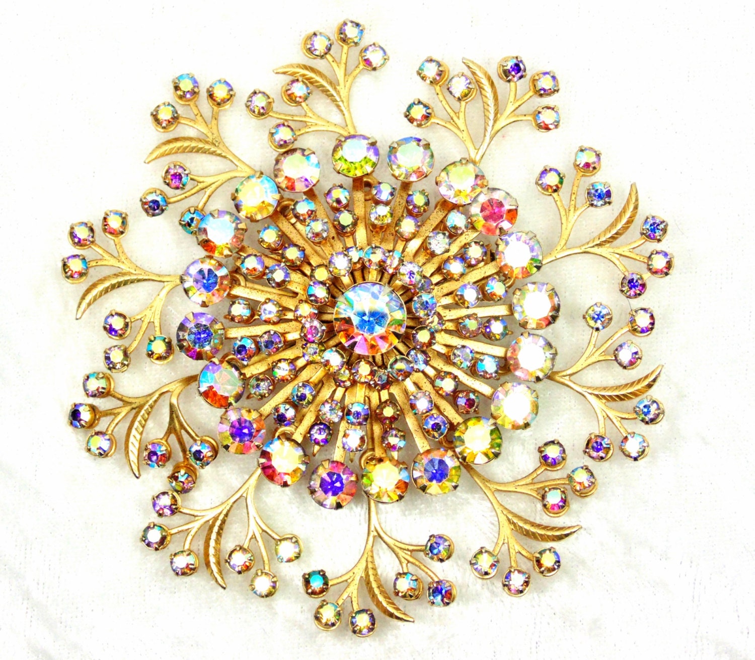 Huge AB Brooch 1950s Atomic Floral Design with Glass Crystal
