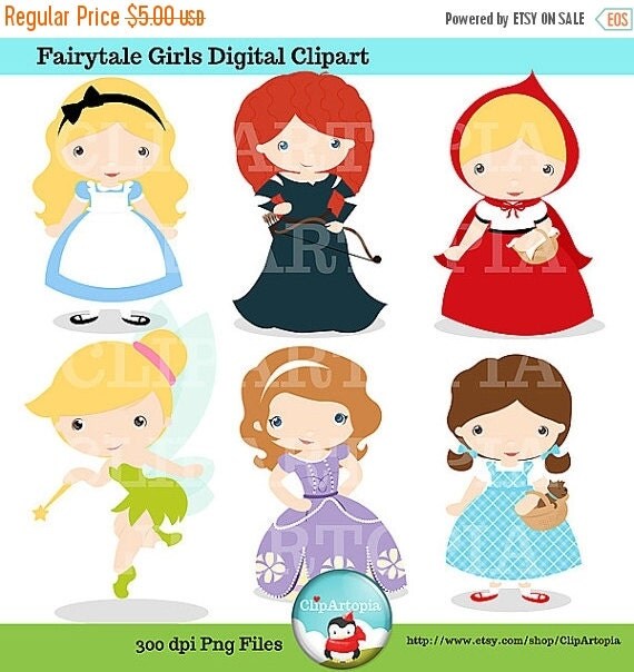 50% OFF SALE Fairytale Girls Digital Clipart / Cute Fairytale Princess Digital Clipart for Personal and Commercial Use / INSTANT Download Il_570xn