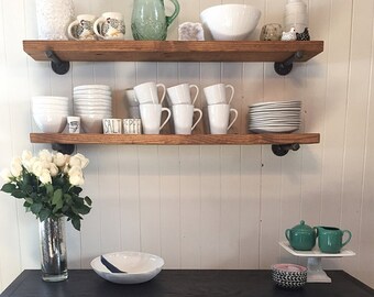 Industrial 8" Deep Floating Shelf with pipe brackets. Wood shelve, wall shelf, farmhouse shelve, rustic shelf, book shelf