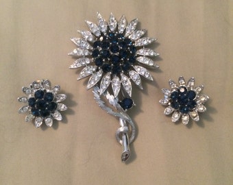 MINT Lisner Rhinestone Flower Brooch and Earrings FREE SHIP!