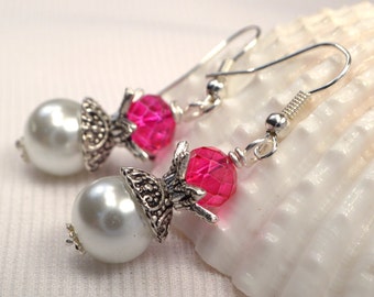 White Pearl & Fuschia Pink Crystal Earrings, White Pink Earring Drops, White Pearl Earrings, Bridal Jewelry, Silver Crystal Earrings (E754)