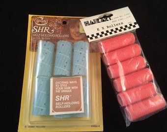 New/Old Retro Hair Rollers, Goody 6 Jumbo Blue Self Holding Rollers, 6 Mini Pink EZ Rollers in Original Packaging