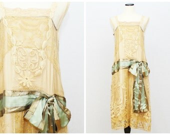 1920s Silk and Lace Flapper Dress - Vintage 20s Yellow Flapper Girl Dress