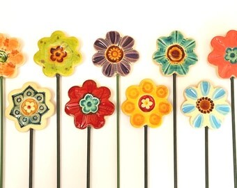 Ceramic Flowers- Planter decor- Garden decor- Ceramic- Spring- Planter art-Planter stake-Herb signs-Garden-Mums day-Office-Home-Summer