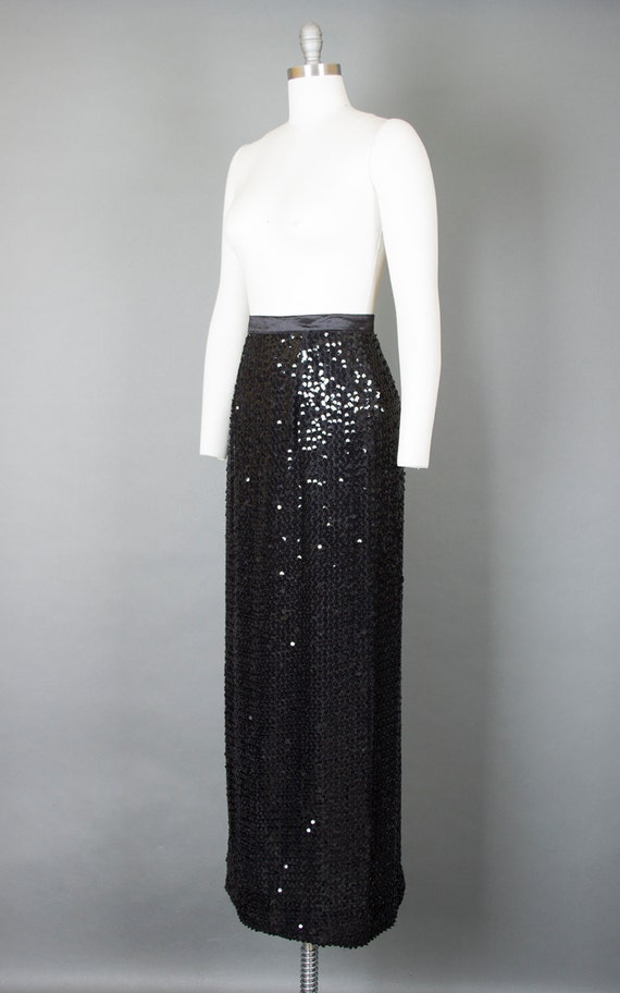 Vintage 60s Black Sequin Maxi Skirt 1960s High Side Slit