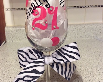 21st Birthday Wine Glass - Can be Personalized - Swarovski Crystals