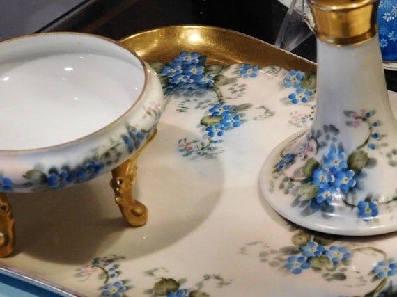 Antique Hand Painted Porcelain Vanity Dresser Set 1900s Victorian Limoges Royal Bayreuth Blue Forget Me Nots Flowers Floral Artist Signed