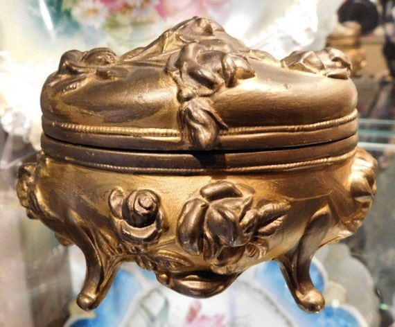 1900s Antique Jewelry Casket BW Brainard Wilson Art Nouveau Gold Ormolu Footed Metal Trinket Box Victorian Edwardian Vanity Boudoir Cottage