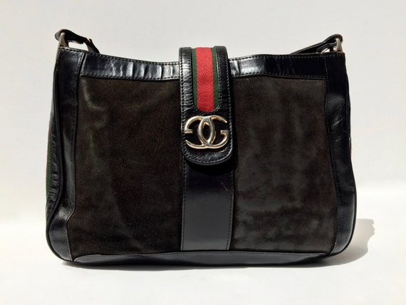 GUCCI Vintage 1970s &#39;Gucci&#39; black leather and suede
