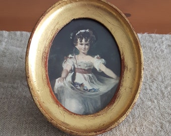 Miniature Florentia print w. gilt gesso frame // portrait of girl w. flowers, oval gold chippy, Italy, wall decor, art, painting, Florentine