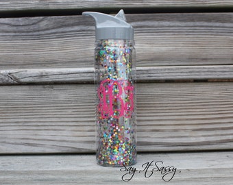Monogrammed Glitter Water Bottle - Glitter Water Bottle - Monogrammed Confetti Glitter Water Bottle - Glitter Waterbottle