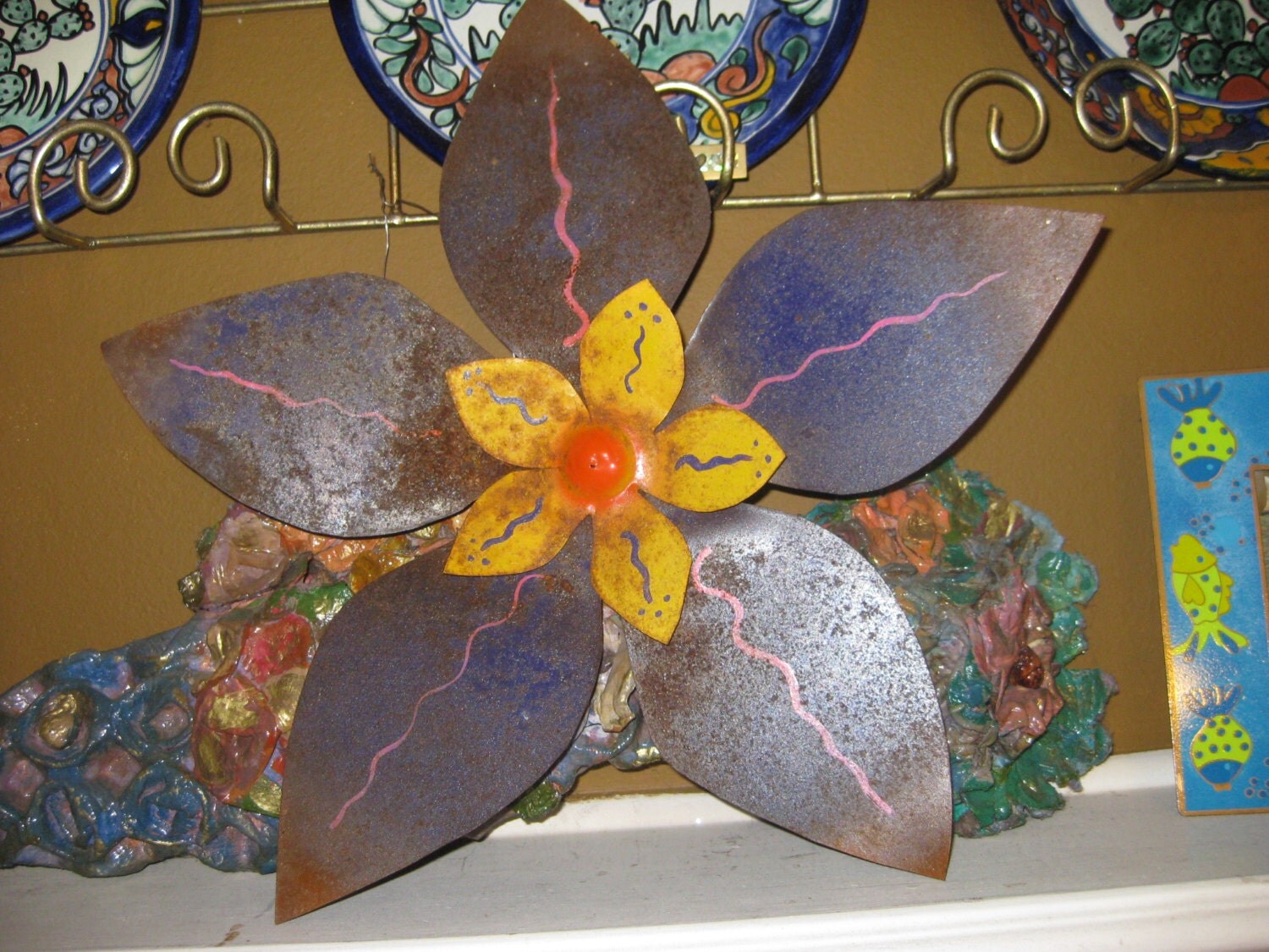 LARGE Mexican Hand Made Flower that is Metal RUSTIC paint