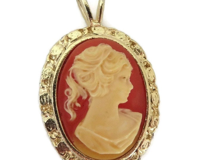 Cameo Pendant Necklace - Vintage Cream & Coral Orange Pendant, Gold Tone Necklace