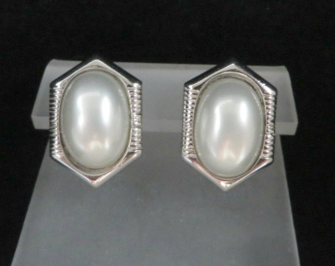 Trifari Faux Pearl Earrings, Vintage Silver Tone Pierced Stud Earrings, Signed Designer Jewelry