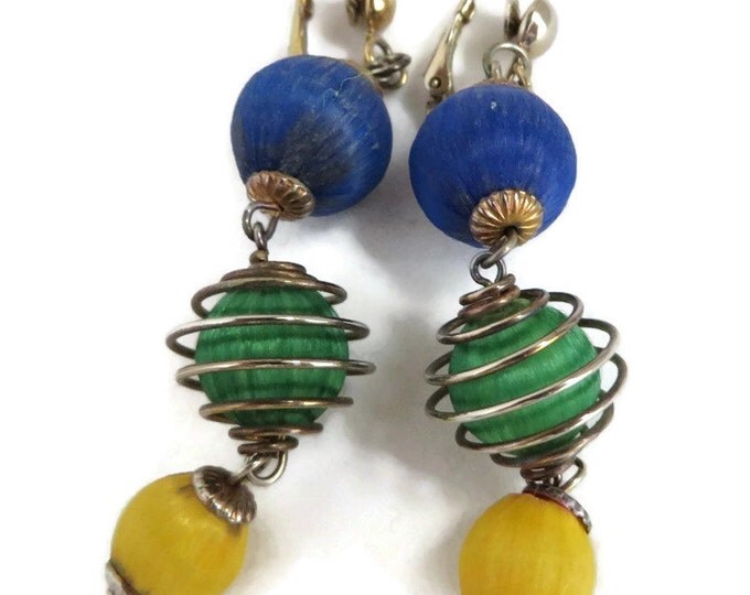 Vintage Earrings - Tri-Color Dangle Earrings, Multicolor Ornament Earrings, Wire Wrapped Dangles