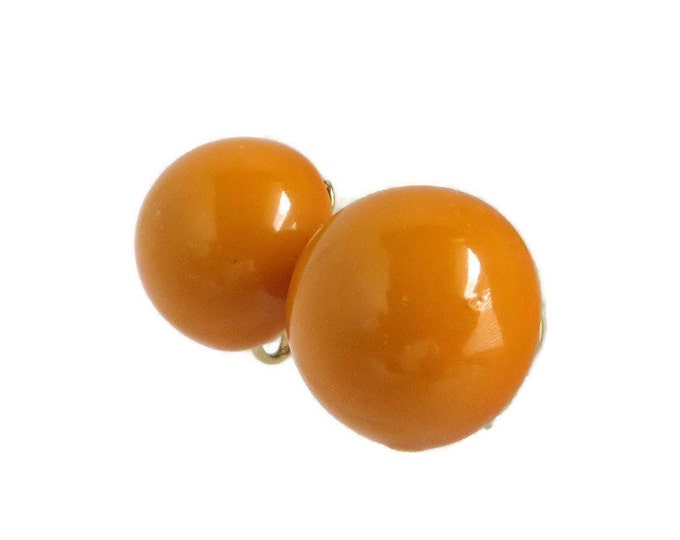 Pumpkin Orange Ball Earrings, Vintage Domed Gold Tone Clip-on Earrings