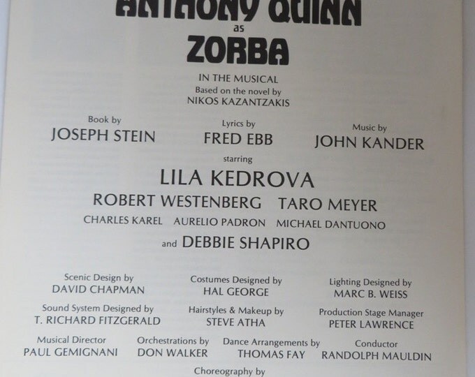 Zorba the Greek Broadway Theater Program, 1983 Anthony Quinn, Vintage Collectible Broadway Program
