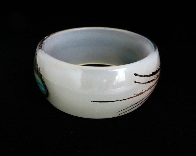 ON SALE! White Lucite Peacock Feather Bracelet, Vintage Chunky White Bangle
