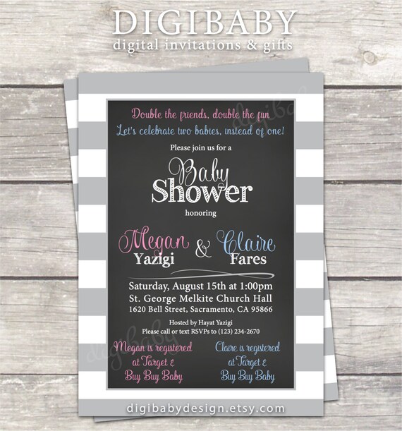 Girls Joint Baby Shower invitation in grey by DigiBabyDesign