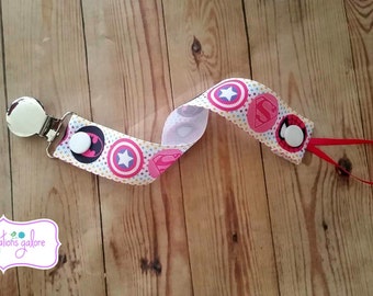 Pacifier Holder- Girl Superhero-Captain America, Spiderman, Superman & Batman