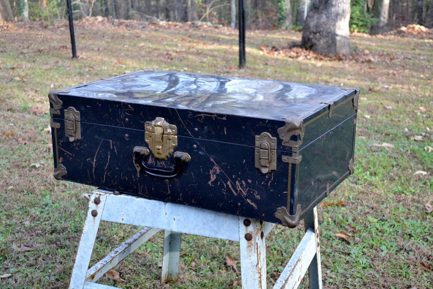Vintage Metal Trunk Suitcase Black Gold Tone Hardware Chippy