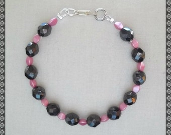 pink bracelet, pink and black, black and pink, hematite bracelet, hematite