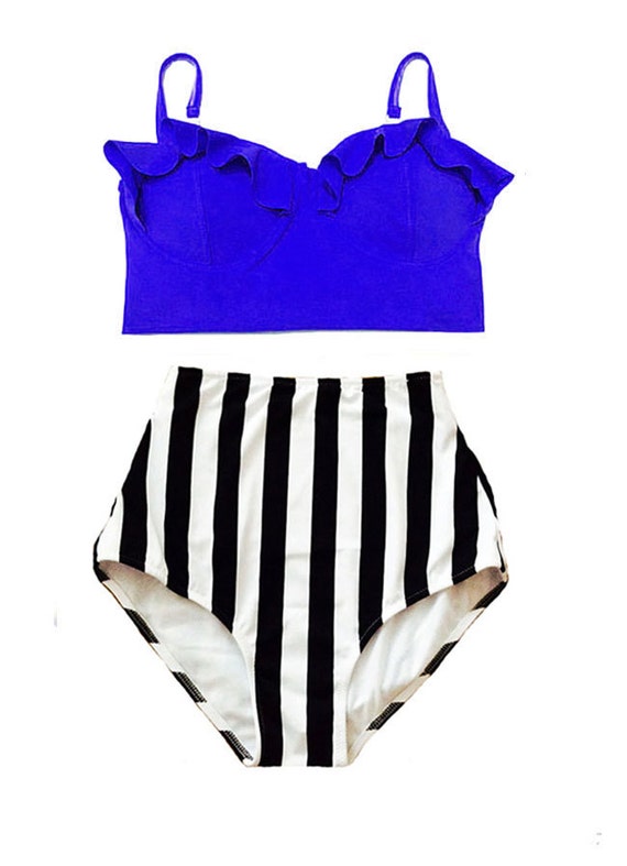 Blue Underwire Midkini Top and W/B Stripe Striped High waist